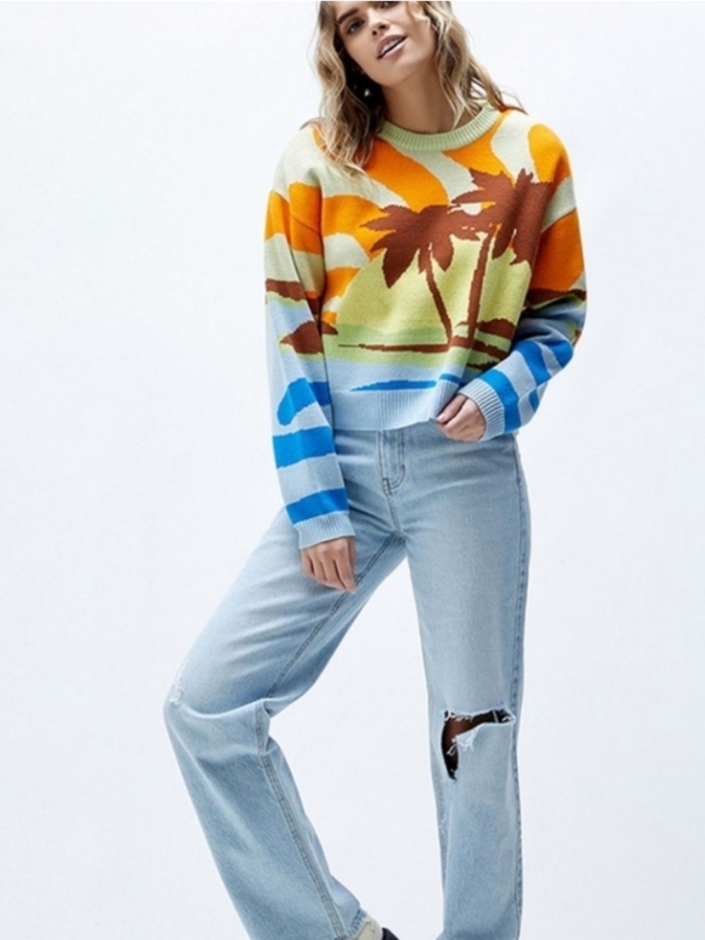 PacSun Multi-Color V-Neck Palm sunset Print Sweater blue - Picture 2 of 3